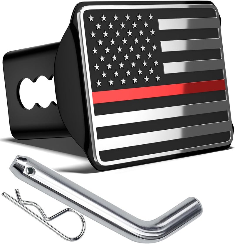 OGYE Heavy American Flag Metal Trailer Hitch Cover for 2 Inch Receivers (with Trailer Hitch Pin & Clip),Chrome&Thin Red Line - Image 1